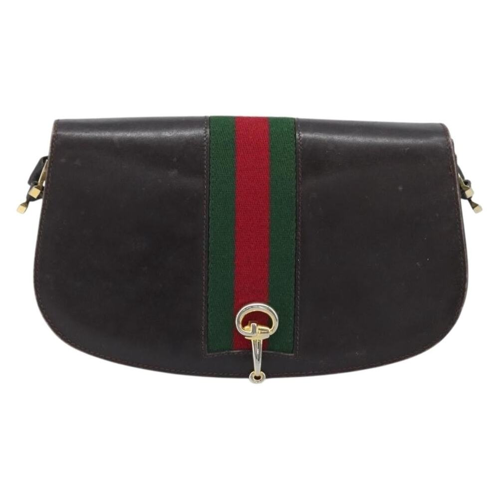 Gucci Leather Horsebit Web Shoulder Bag Dark Brown